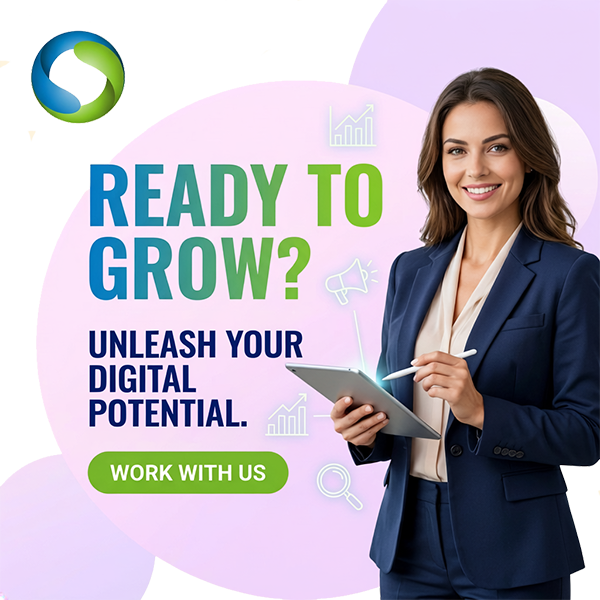 Professional Woman Holding a Clip Board and the taglaine Ready To Grow? Unleash Your Digital Potential
